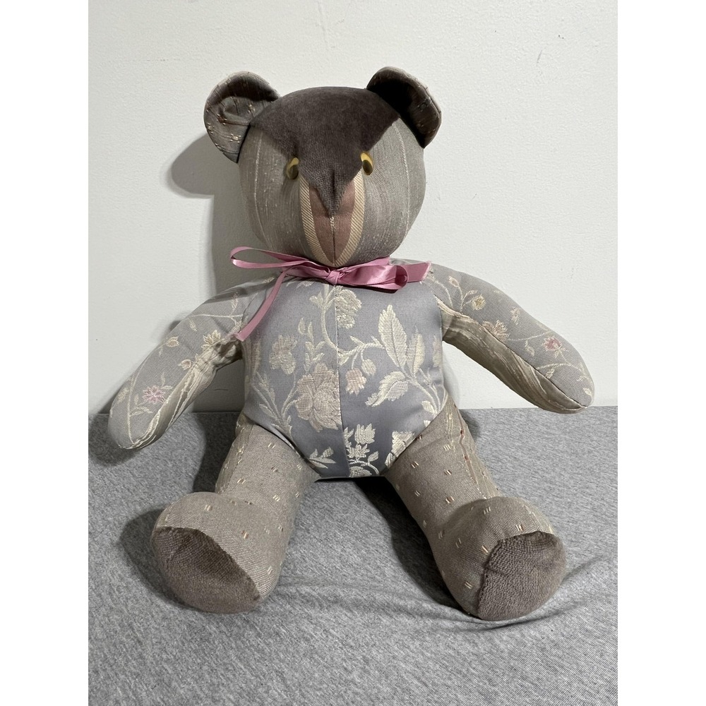 Handmade Patchwork Fabric Teddy Bear Plush Gray Floral Upholstery‎ Ribbon Bow